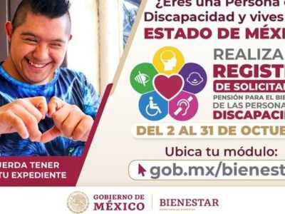 Del 2 al 31 de octubre, registro a Pensión Universal de las Personas con Discapacidad en Estado de México